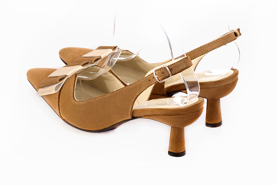 Camel beige and gold women's open back shoes, with a knot. Tapered toe. Medium spool heels. Rear view - Florence KOOIJMAN